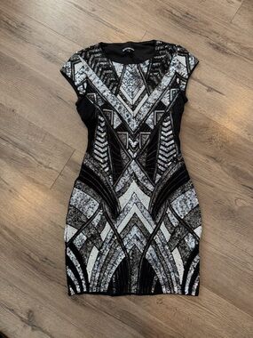 Express Black & Silver Sequin Geometric Mini Dress